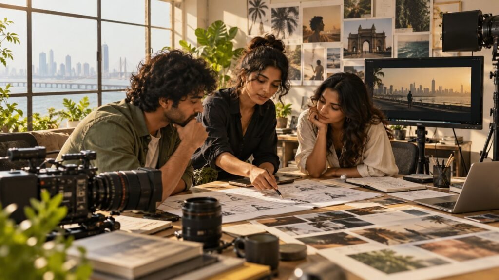 Creative professionals discussing a storyboard