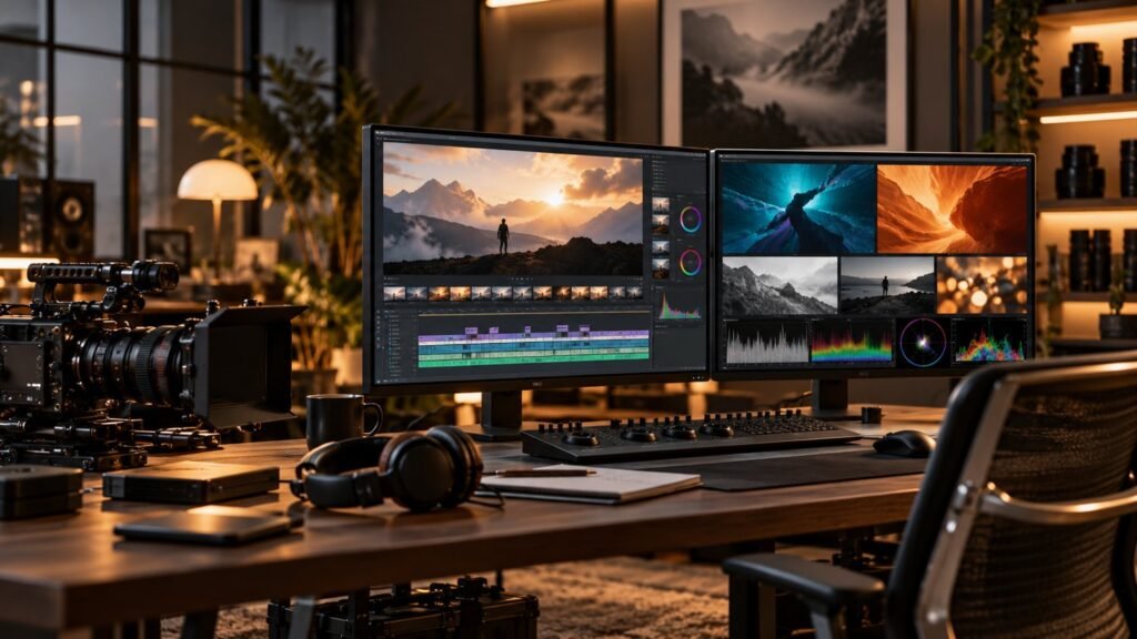 Video editing workstation with camera and headphones