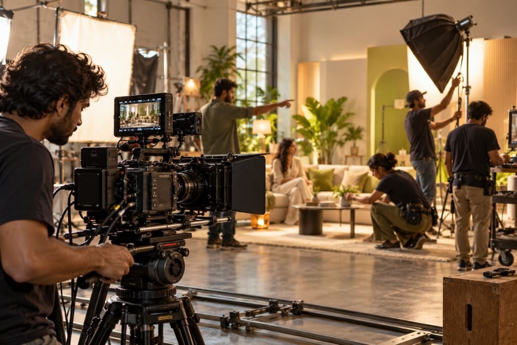 Cinema camera and crew preparing a studio shoot