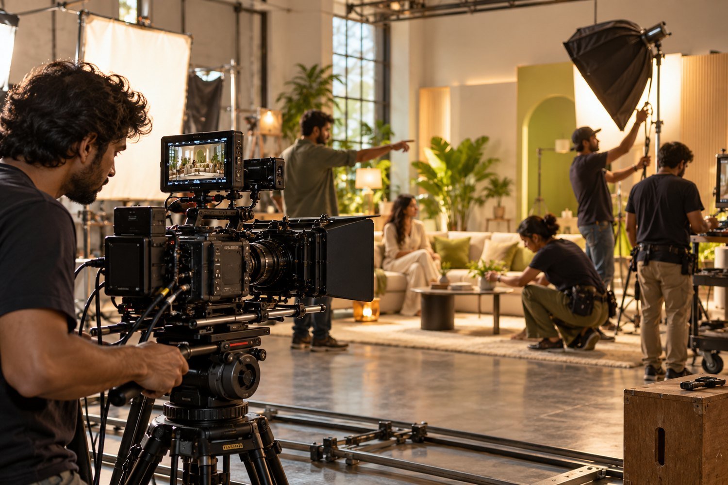 Cinema camera and crew preparing a studio shoot